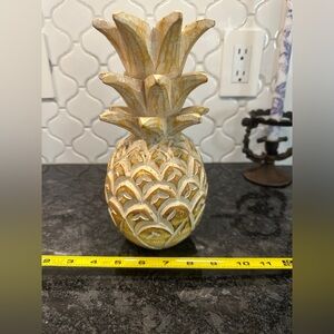 Hand carved yellow washed Wooden pineapple statue figurine 9.5”T